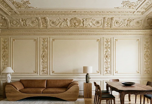 Russian stucco and Russian designer furniture: classic interior with frieze, cornices and wooden furniture
