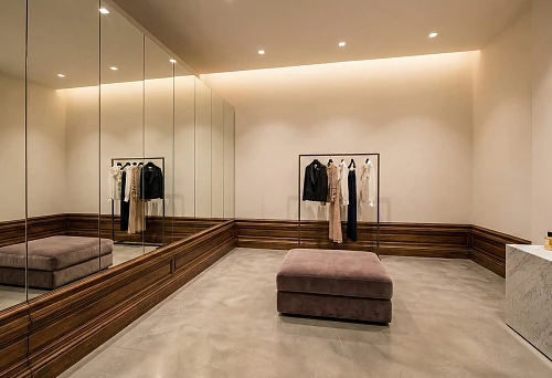 A full-height mirror wall and a high wooden baseboard create an interior in the style of an expensive boutique with soft lighting