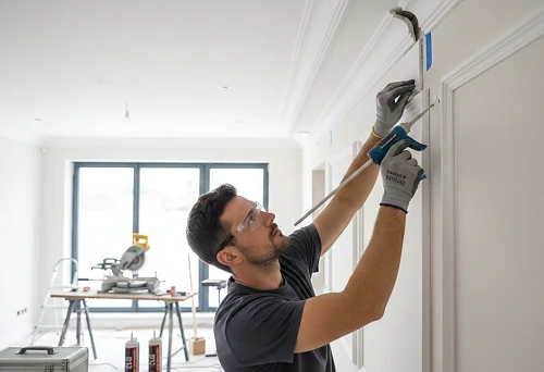 craftsman installs polyurethane molding on wall using adhesive