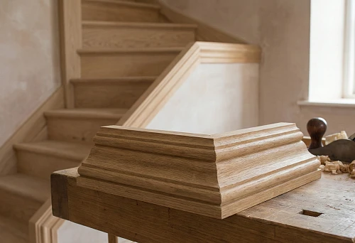 Decorative wooden corner: profiled corner element on a workbench, natural wood texture, with a wooden staircase in the background