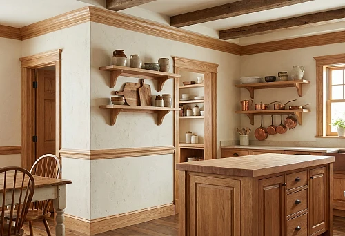 Kitchen interior with wooden trims and cornices: millwork accentuates windows, doors, and wall geometry
