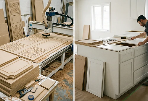 MDF Parts for Furniture Manufacturing &mdash; CNC Milling of Panels and Facades with Ornament, MDF Blanks and Shavings in the Workshop
