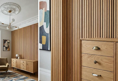 Polyurethane stucco and wooden slats on an accent wall: an eclectic mix of classic and modern in the interior