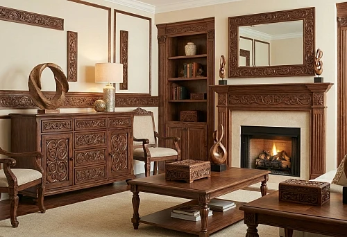 Classic interior with decorative overlays on walls and furniture: a unified ornament along the perimeter
