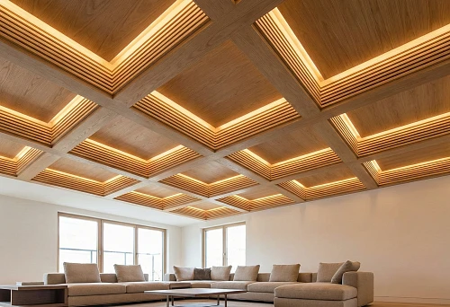 Coffered Ceiling Made of Decorative Wooden Slats with Warm Hidden Lighting in a Modern Living Room