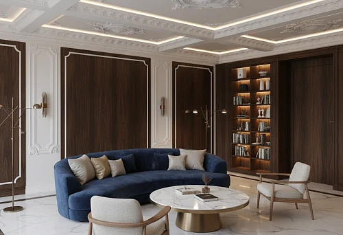 Modern living room with solid wood furniture and polyurethane molding on walls and ceiling