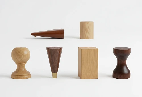 Modern Wooden Sofa Legs in Various Shapes and Wood Species &mdash; Cylindrical, Conical, and Rectangular