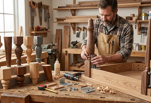 Wooden furniture legs of various shapes on a workbench: turned, square, and shaped models