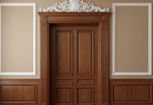 Wooden architraves and skirting boards in a doorway with polyurethane moldings in a classic interior