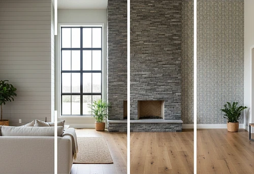 Country House Interior with Wooden Horizontal Wall Finishing and Soft Furniture