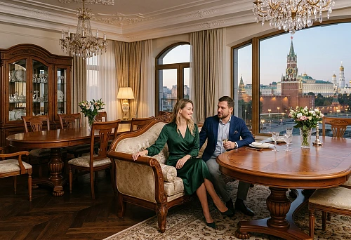 Classic solid wood furniture in Moscow for an elegant living room and dining room interior made of natural wood