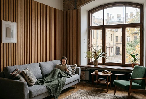 Slat panels in St. Petersburg in a cozy interior with a large arched window and a brick wall
