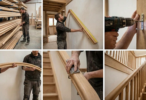 Round Wooden Handrail: Master Selects Handrail Blanks in Warehouse, Rows of Round Molding, and Preparation for Installation in a Country House