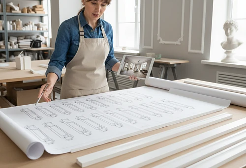 A designer in the workshop studies molding profile drawings, holding a tablet with an interior example; technical diagrams and profile samples are spread out on the table.