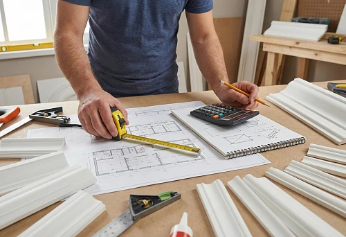 How to calculate moldings: a master measures a wall, next to a drawing, a calculator, and profile samples