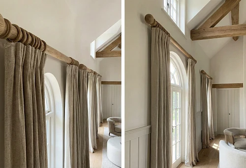 Wooden curtain rod from round moldings: selection and installation of wooden elements, level control, clean interior geometry.