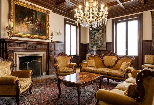 Classic wooden furniture in the living room: carved sofa and armchairs in a luxurious interior