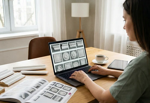Online store of polyurethane stucco molding: selection of cornices, moldings and rosettes from the catalog on a laptop
