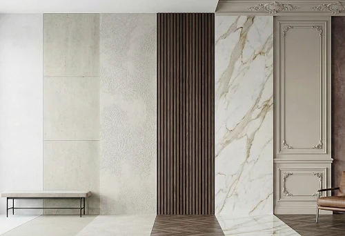 Interior with combined decorative wall finishing from minimalism to classic