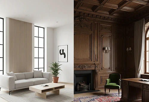 Comparison of a minimalist interior with wooden slats and a classic space with carved panels and a coffered ceiling.