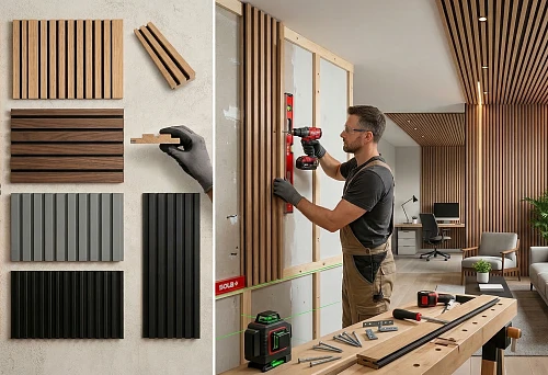 Installation of slatted panels for walls and ceilings: material samples, dimensions, and interior installation