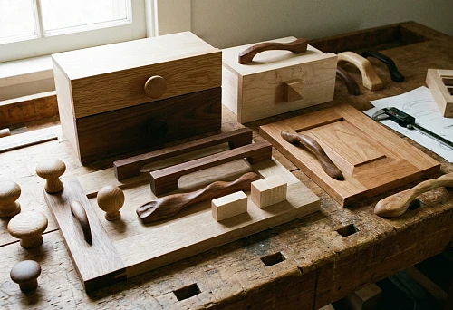 Wooden furniture handles on a workbench: different shapes of wooden hardware for cabinets and drawers