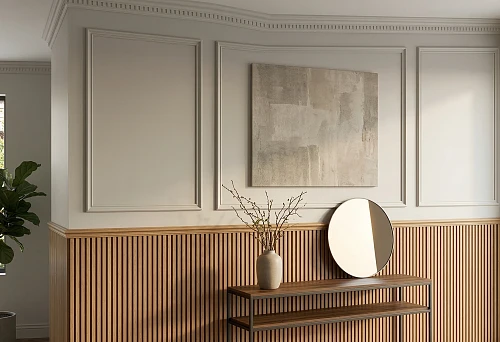 Buy slat panels in Rostov-on-Don and polyurethane wall moldings in an interior with layered but calm finishes