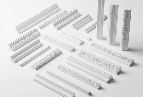 White polyurethane moldings and cornices with decorative ornamentation