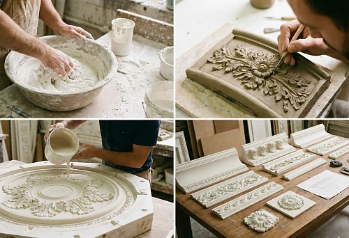 Stucco Decor Production: Master Mixes Composition in a Large Container, Preparing Mixture for Casting