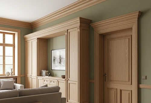 Interior with furniture moldings, solid wood cornices, and door trims; a unified profile system connects walls, doors, and built-in furniture
