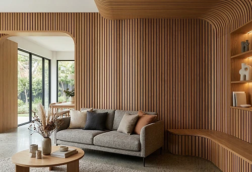 Wall slat panels in the interior of a modern living room with a smooth transition to the ceiling, built-in shelf, lighting, and wooden trim