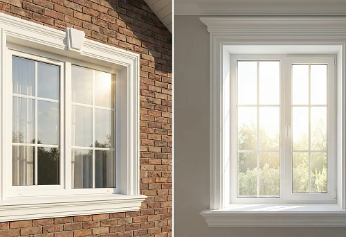 Framing a window with polyurethane stucco on the facade: white trim and window sill cornice on a brick wall