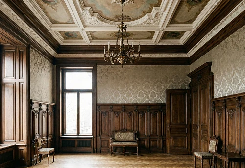Interior with Decorative Wall Panels and Decorated Ceiling