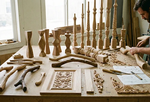 Workshop with Wooden Balusters, Handles, and Hand-Carved Elements