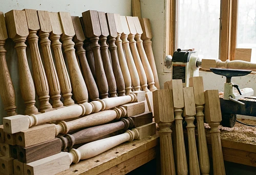Wooden balusters of various shapes and species on a workbench in a carpentry workshop &mdash; from classic lathe-turned models to modern minimalist options.