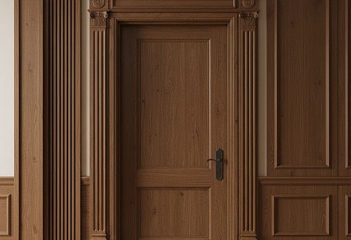 Classically designed solid wood doorway with carved casings, moldings and decorative profiles in a unified wooden style.