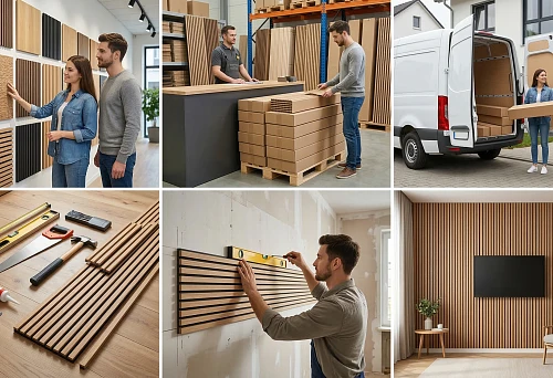 Buy wall slat panels for interior finishing at a showroom with texture and shade samples