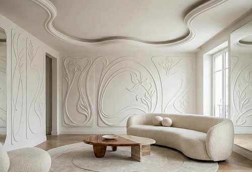 Modern interior with moldings: volumetric panels with plant relief on walls, light palette and organic lines without heavy classics.