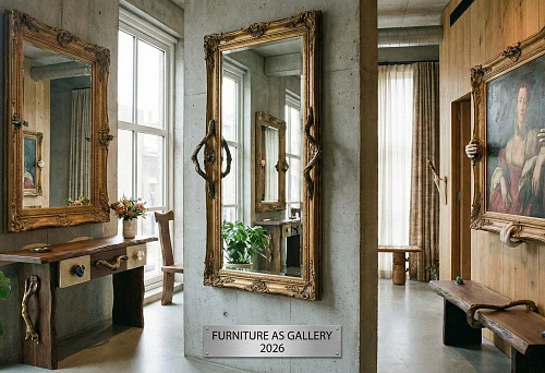 Large Mirror Panel in a Massive Frame with Designer Sculptural Handles