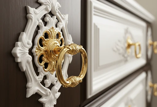 Designer furniture handle with decorative polyurethane molding on a cabinet facade