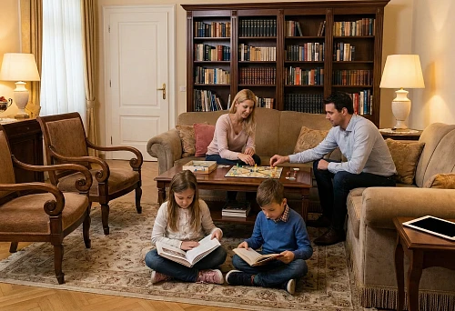Classic living room with bookshelves and upholstered furniture: an interior that reduces screen dependency