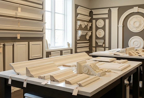 Polyurethane molding in showroom: moldings, cornices, rosettes and decorative elements on walls and tables