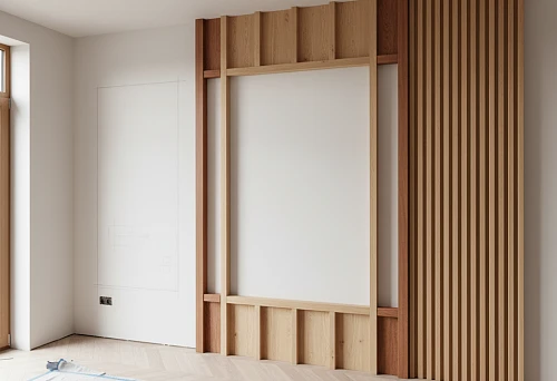Installation of wall structure for paneling using oak and beech slats and architectural panels in a modern interior