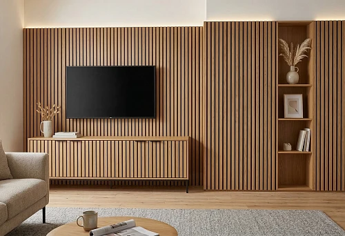 Slatted panels on the wall and furniture fronts in a unified design for a living room with a TV area