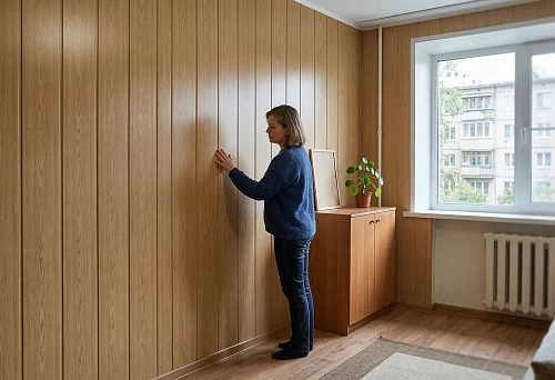 PVC slat wall panels with wood finish in a budget apartment interior
