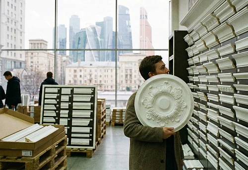 Polyurethane stucco in Moscow: a buyer chooses a ceiling rosette among stands with moldings and cornices in the showroom