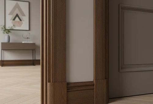 Wooden floor skirting and wooden architrave in apartment interiors &mdash; precise joining of walls, doorways, and floors, emphasizing proportions and spatial comfort.