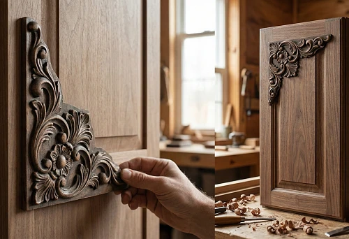 Wooden figured layout decor: the master applies a carved corner element to the facade, with a three-dimensional ornament and dark wood tinting