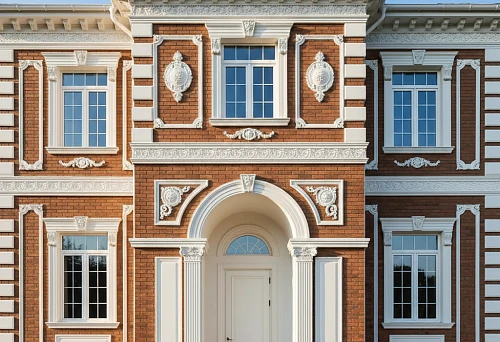 House facade with decorative facade molding and moldings from plinth to cornice