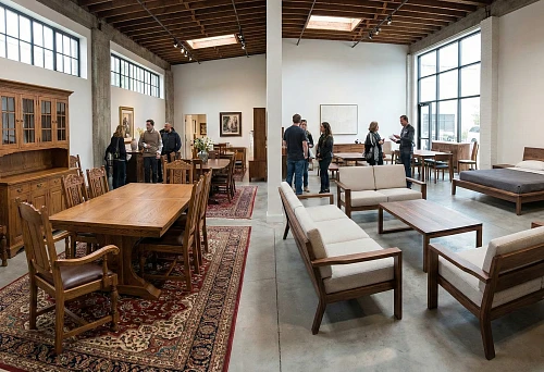 Solid oak and beech furniture in the interior: dining group and modern sofa with wooden frame
